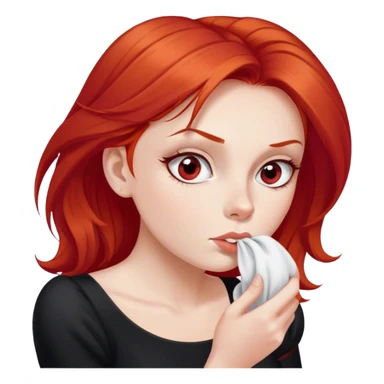 a woman with red hair and red eyes sniffing a white sock. The woman wear a black  dress sticker