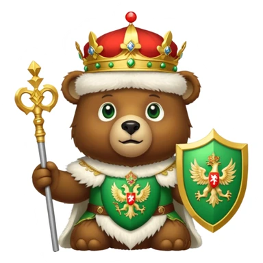 Endearing brown bear with bright green eyes, white fur hat with detailed Russian emblem: golden double-headed eagle with crowns, scepter, orb, and red shield with St. George slaying dragon, iOS emoji style sticker