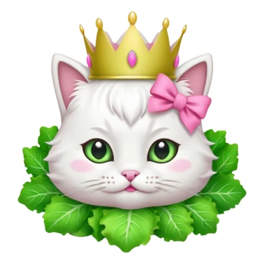 white cat with pink bow and green lettuce crown, emoji style sticker