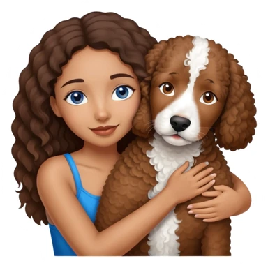 A brown girl with blue eyes hugging her Brown Spanish water dog  sticker