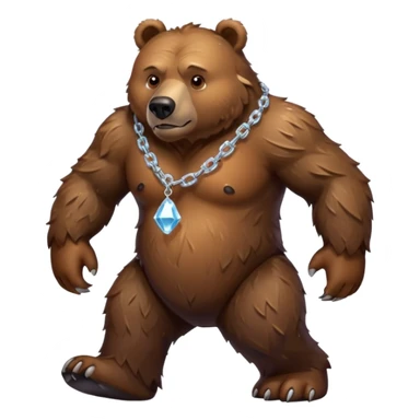 Fierce brown bear walking on four paws with an ice chain necklace, frozen chain links made of crystal clear ice, serious face sticker