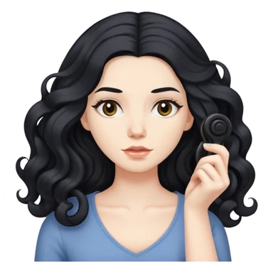 pale skinned woman with long black hair curling her hair, getting ready sticker