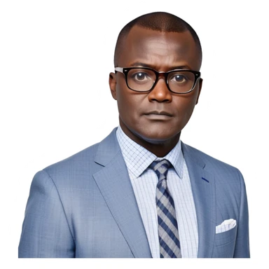 Larger 50-year-old man with extremely wide square face and prominent jawline. Full head of short straight dark hair with some gray, combed neatly to the side. Large dark square-framed glasses. Serious expression. Wearing a light gray blazer over a white button-up shirt with blue checkered pattern. sticker