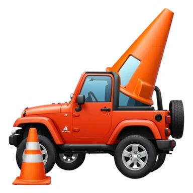 red Jeep Wrangler with a completely all-white traffic cone flattened under the tire, no orange, no stripes, no markings, emoji style sticker