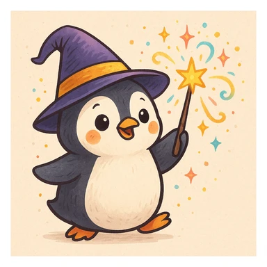 a cute penguin wizard casting a spell, holding a wand, cartoon style sticker
