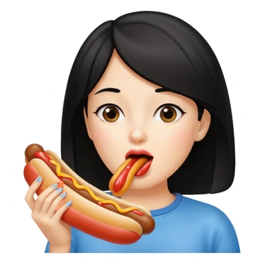 Black haired girl holding hotdog near mouth pretending to lick it sticker