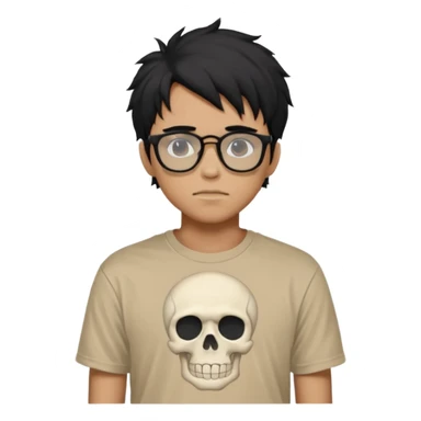 black anime hair guy with skeleton makeup wearing a stussy tshirt with glasses sticker