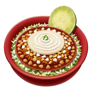 A delicious hot bowl of pozole rojo emoji. Steam rising. Hominy visible. Place the sides next to the bowl: chopped onions, shredded cabbage, lime wedges, red chile de arbol salsa, and full round tostadas with a light smear of sour cream sticker