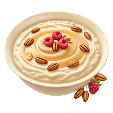 Cinematic creamy oatmeal, smooth texture with a swirl of honey on top, garnished with fresh berries and nuts, warm and comforting, cozy golden tones, rich and delicious. sticker