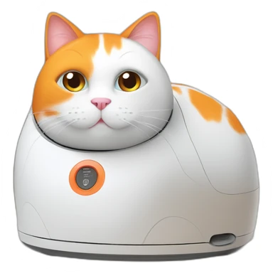 fat white and orange cat sitting on white robot vacuum sticker