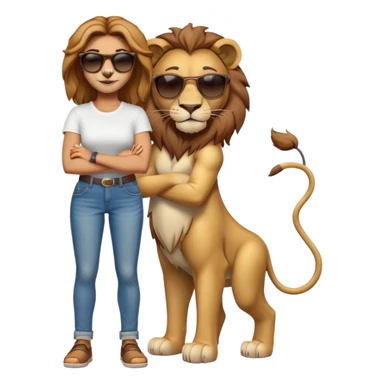 friendly anthropomorphised female lion character, full body, standing confidently with legs shoulder width apart and arms folded, wearing jeans, a white t-shirt, and dark sunglasses, with a confident smile sticker