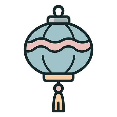 beautiful Chinese lantern with wavy ornament and tassel, icon-color-outlined style, thin clean contours, soft rounded shapes, pastel palette #98B5BC, #B5B3C1, #C9A3C9, #E4C0CA, #F7DCD1, #F7C0AA, detailed shadows and highlights, soft lighting, transparent background, eastern style sticker