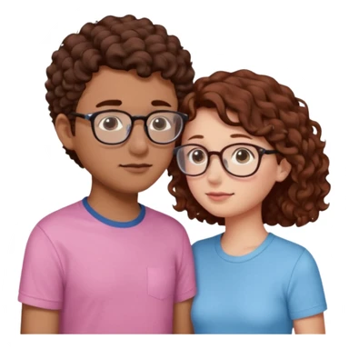 a couple where de girl has short, redish brown hair, pink shirt and the boy has short curly dark brown hair, has glasses and has light blue shirt. they are facing each other and their noses touch sticker