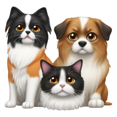 4 cats and a dog emoji One cat is orange, one is tuxedo and teo are domestic cats Dog is pekingese sticker
