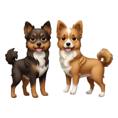 two dogs with wavy hair, one black and brown, one shades of brown with mountains sticker
