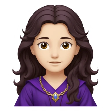 Libera from Olympus Gods with long dark brown wavy hair, deep purple tunic sticker