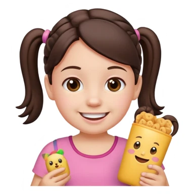 Toddler emoji with two pigtails dark brown hair, fair skin, in pink top, holding toddler snacks sticker