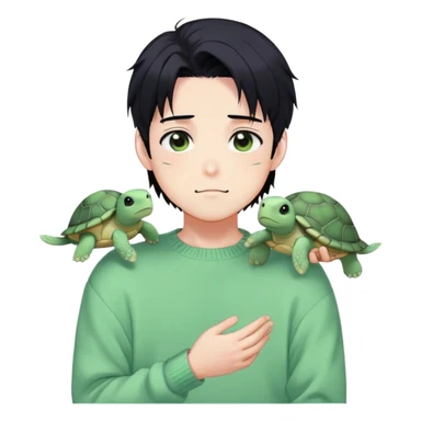 Gorgeous pastel green sweater black hair anime style shojo guy with blushing face and, turtle, aesthetic, trending style outside  sticker