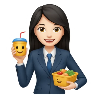 long dark haired woman with suit holding food container sticker