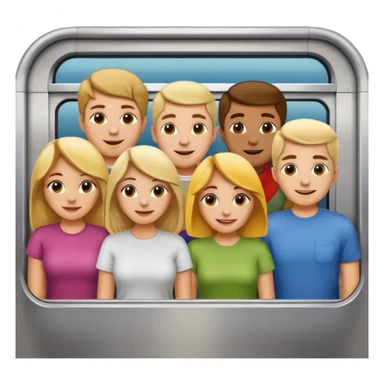 five happy people, mix of women and men, close with each other, inside a subway car resembling Apple emoji subway, wearing t-shirt style clothes in different light colors, Apple emoji style sticker