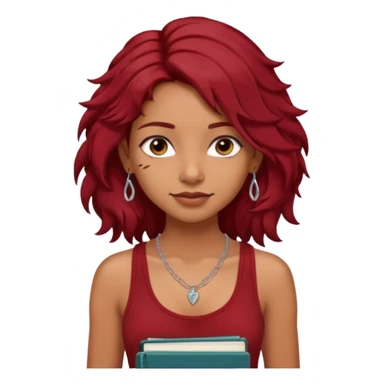 a pretty tan indian bratz girl with messy dark wavyred hair, wearing a dark red tank top, layered silver necklaces. Carrying multiple sketchbooks sticker