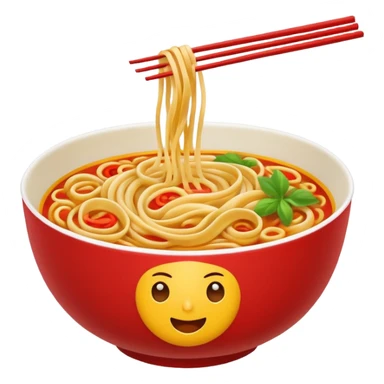 Chinese cuisine humanless avatar in bright emoji-style illustration. Noodles bowl, red and gold colors, simple shapes, flat design, bold and energetic. sticker