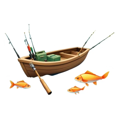 Icon for Fishing Travel: a boat on a calm lake surrounded by mountains and lush greenery, with fish jumping out of the water, a fishing rod, tackle box. The icon should capture the peaceful and adventurous nature of fishing trips. Transparent background. sticker