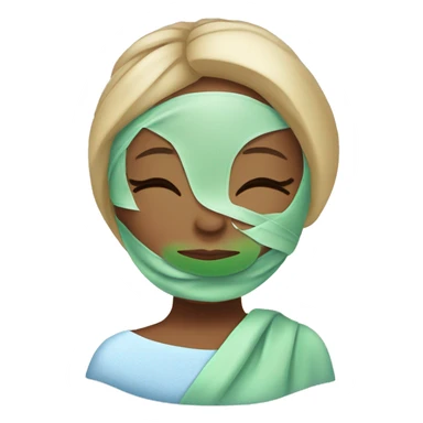 A girl’s face with a blue relaxing spa mask on, her eyes closed, with a peaceful and serene expression. Her hair is tied back with a towel wrap, and there are small details of cucumber slices placed over her eyes. sticker