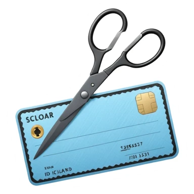 Floating black Scissors cutting a light blue military ID card in 2 parts .hyper realistic sticker