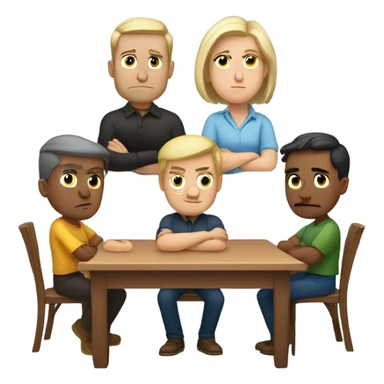 6 Caucasian people sitting around a table looking unhappy sticker