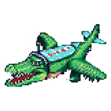 cartoon crocodile-airplane hybrid, side view, pixel art style sticker