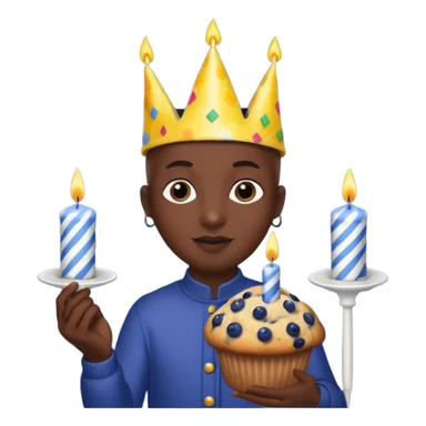 Blueberry Muffin celebrating birthday. Make sure it actually looks like a muffin with candles. Somebody holding it with party hat and bald sticker