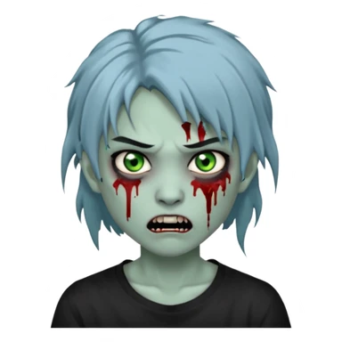 3D emoji-style avatar with very pale blue-grey zombie skin, dark brown hair, a young Asian face, and large green eyes with blood tears. Give it white litle bit messy mullet hair style , silver hoop earrings, and a plain black T-shirt. The face expression should be slightly angry, with vampire fang sticker