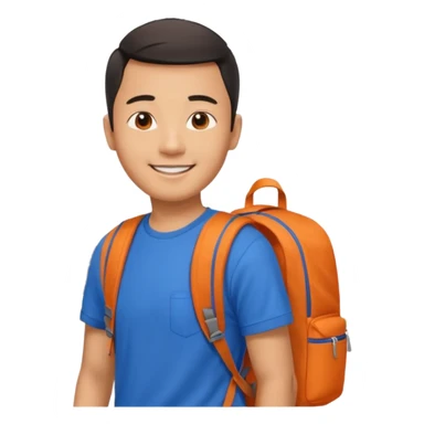 an asian man in blue t-shirt with orange backpack on the back. Eiffel tower on the background. shoulder length picture sticker