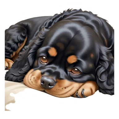 Cinematic Meme-Worthy Chubby Sleeping Black Cocker Spaniel Portrait Emoji, Head resting peacefully with a contented smile, showcasing a delightfully chubby build and a luxuriously soft black coat with gentle tan markings, eyes shut in a serene nap, Simplified yet hilariously adorable features, highly detailed, glowing with a soft, drowsy light, high shine, relaxed and utterly lovable, stylized with an air of playful laziness, bright and heartwarming, soft glowing outline, capturing the essence of a comically sleepy companion, so meme-worthy it feels like it could instantly become the next viral sensation of adorable slumber! sticker