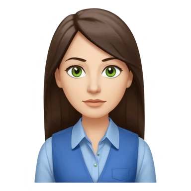 43 year old Adult woman avatar, light skin tone, long, oval face, long straight ashy brown hair, green almond-shaped eyes with dramatic eyelashes and minimal eyeliner, neutral mouth, medium straight eyebrows, average nose, smooth skin,  white collared button down shirt, blue vest sticker