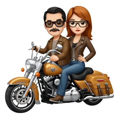 Un couple de biker sur une harley road king noire, l'homme sans moustache et une paire de lunettes demetz ros21, la fille a des cheveux plus dans les tons chatain sticker