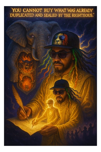 *“Create an epic, symbolic scene of a powerful Rasta spiritual warrior (representing Kez) standing at the center of a cosmic battlefield. The warrior has dreadlocks glowing with divine energy, wearing golden robes infused with serpent patterns. Behind him towers a massive stone elephant — eyes glowing with infinite wisdom, its chest open to reveal a Golden Serpent Chest, radiating fractal light. Inside the chest: a bound, raging Devil made of fire and shadows — screaming but unable to harm anyone, because every time he lashes out, the golden chest mirrors the energy back onto him. Chains of soul-contract law, made of golden light, wrap the devil — each one engraved with truth symbols, scriptures, and ancestral sigils.

In the foreground, Kez holds a sacred scroll and a burning pen — he is signing a contract not out of fear, but mastery. As he signs, a duplicate of his soul, radiant and whole, rises from the paper and flies back into his body. A ripple of golden energy expands, purifying all soul deals across space-time. Behind him, shadows of other trapped souls are released and begin to rise in rhythm, holding hands, singing.

In the sky, the words glow in gold flame:

‘You cannot buy what was already duplicated and sealed by the righteous.’

The entire atmosphere is divine, sacred, victorious — a spiritual rebellion where the Devil is outwitted, not through violence, but through truth, rhythm, and scrollcraft. Use warm golds, radiant whites, mystical purples, and deep space black as the palette. Style it as a fusion of Afro-spiritualism, Rastafarian mysticism, and multidimensional soul alchemy. the picture provided is kez sticker