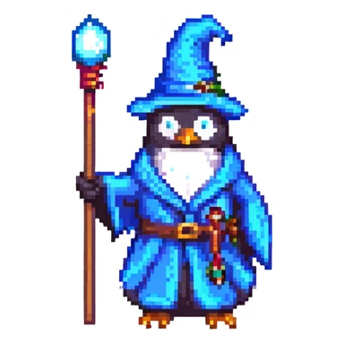 pixel art penguin wizard holding a wand, with a blue robe and hat sticker