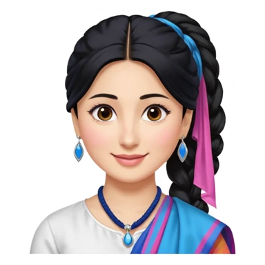 generate a pretty bratz emoji that looks like Kareena Kapoor's Geet character. 
Make her wear a white shirt with a colorful blue-pink dupatta wrapped around her neck. smiling big. Black hair tied into a side part ponytail, silver hoops

She should look exactly  like Kareena Kapoor sticker