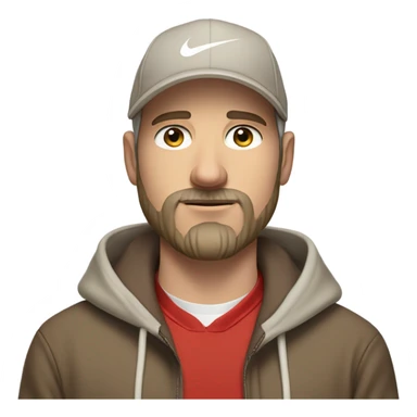 Visibly bored handsome white guy with a salt and pepper beard and brown longer hair wearing a red Nike hoodie  and a light brown hat sticker
