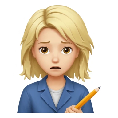 young blonde disheveled hair woman is writing an exam in panic sticker