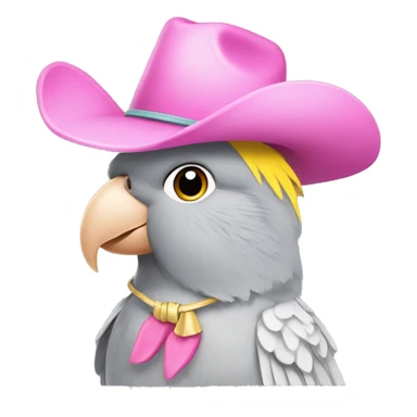 Grey cockatiel with a pink cowgirl hat sticker