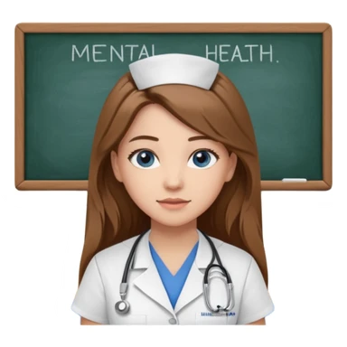 university classroom that says Mental Health Nursing on the blackboard with a pretty female nursing student with long brown hair, blue eyes sticker