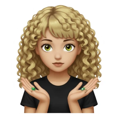 young woman wearing a black t shirt with curly dirty blonde hair, straight bangs, and hazel green & brown eyes. She is a daughter of Hades and has power over shadows. She is holding shadows in her hands and there are shadows behind her too. sticker