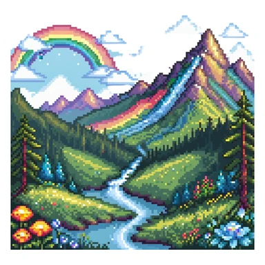 Enchanted meadow with rainbow and crystal mountains sticker