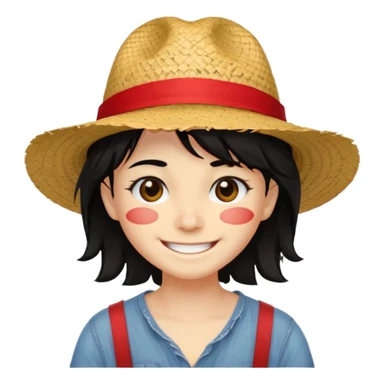 Un personnage avec la peau beige une cicatrice sous l'oeil des cheveux noirs en bataille et un chapeau de paille avec une bande rouge il arbore un grand sourire sticker