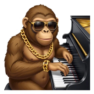 ape with big golden chain on the neck wearing sunglasses plays piano full height sticker