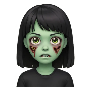 uma garota zumbi no formato Memoji da apple com o cabelo cumprido, preto liso e com franja, blusa preta sticker