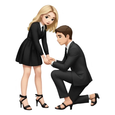  Sabrina carpenter kneeling down wearing a black dress with a tie with black heel sandals, putting her hand on man’s leg  sticker